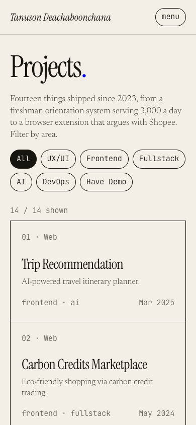 Projects page at 390px, after